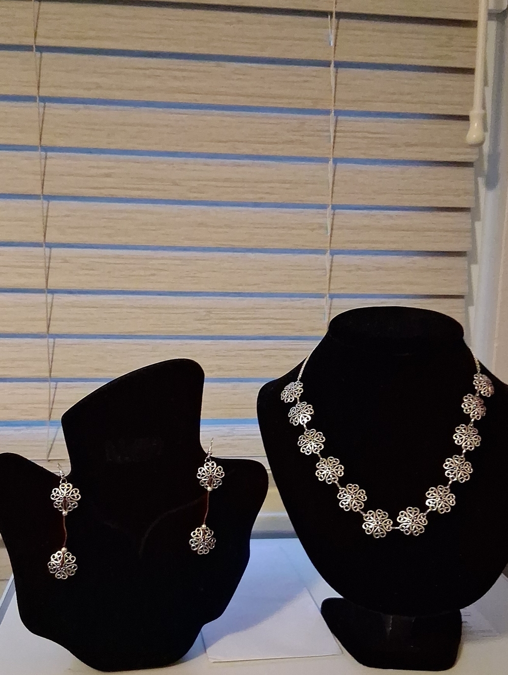 Handcrafted Silvertone Floral Filigree Necklace and Earrings Set